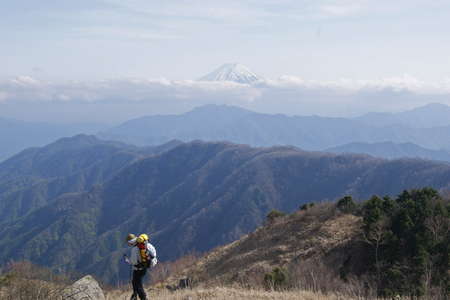 小金沢連嶺・白谷ヶ丸、距離：37km<br/ >明るいカヤトの稜線から眺める富士山