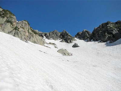 右に右俣雪渓と八ッ峰 