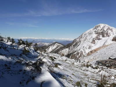 天狗岳の向こうに北アルプスの白い峰