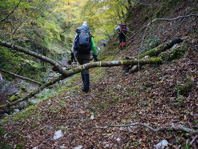 崩れ落ちそうな左岸を進む