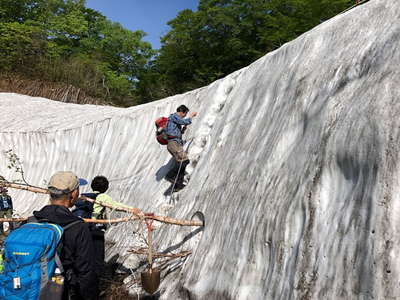 雪の壁を登る 