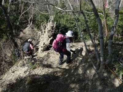 ザレ場と荒れた急降下地点 